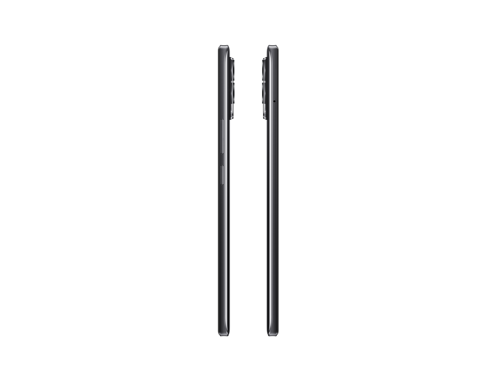 Dos teléfonos, uno al lado del otro, uno frente al otro. Los teléfonos son negros con marco plateado.