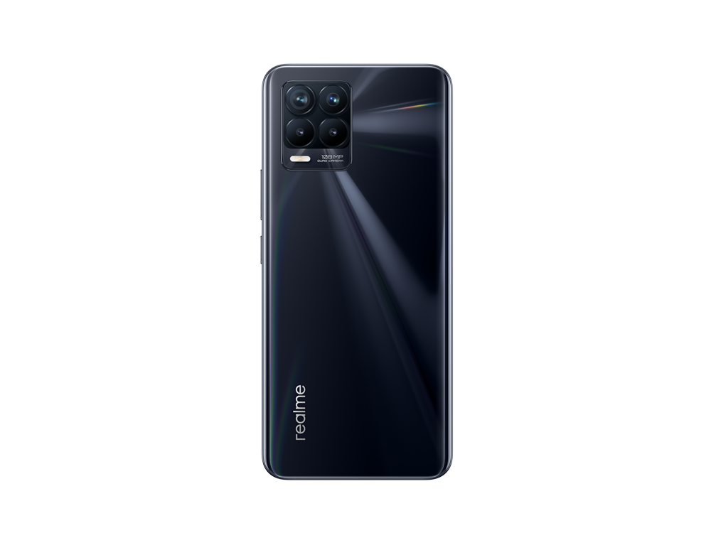 Un teléfono Realme negro con múltiples cámaras traseras.