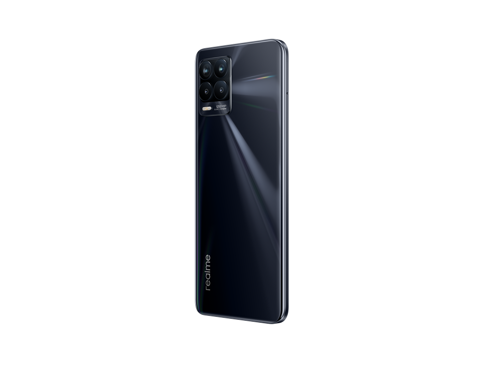 Un teléfono inteligente negro, realme, sobre un fondo negro, mostrando la parte trasera con cámaras.