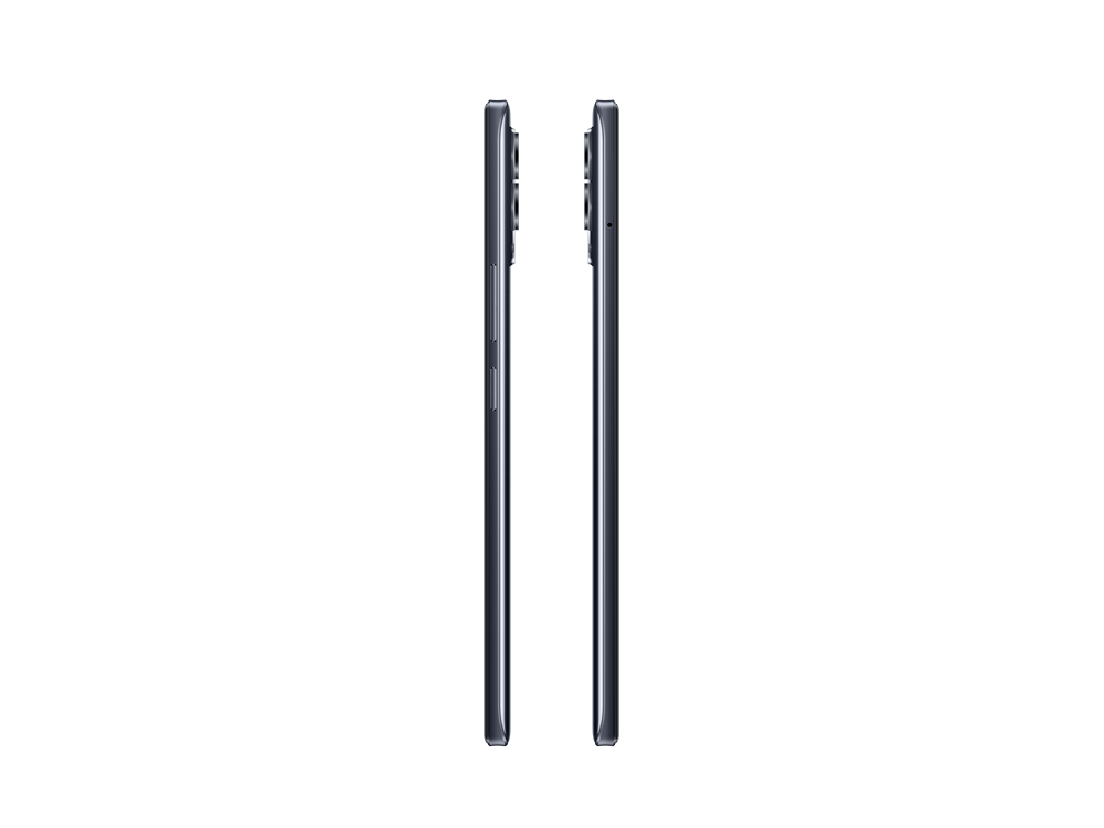 Dos smartphones uno junto al otro, negros con marco plateado, sobre un fondo negro.