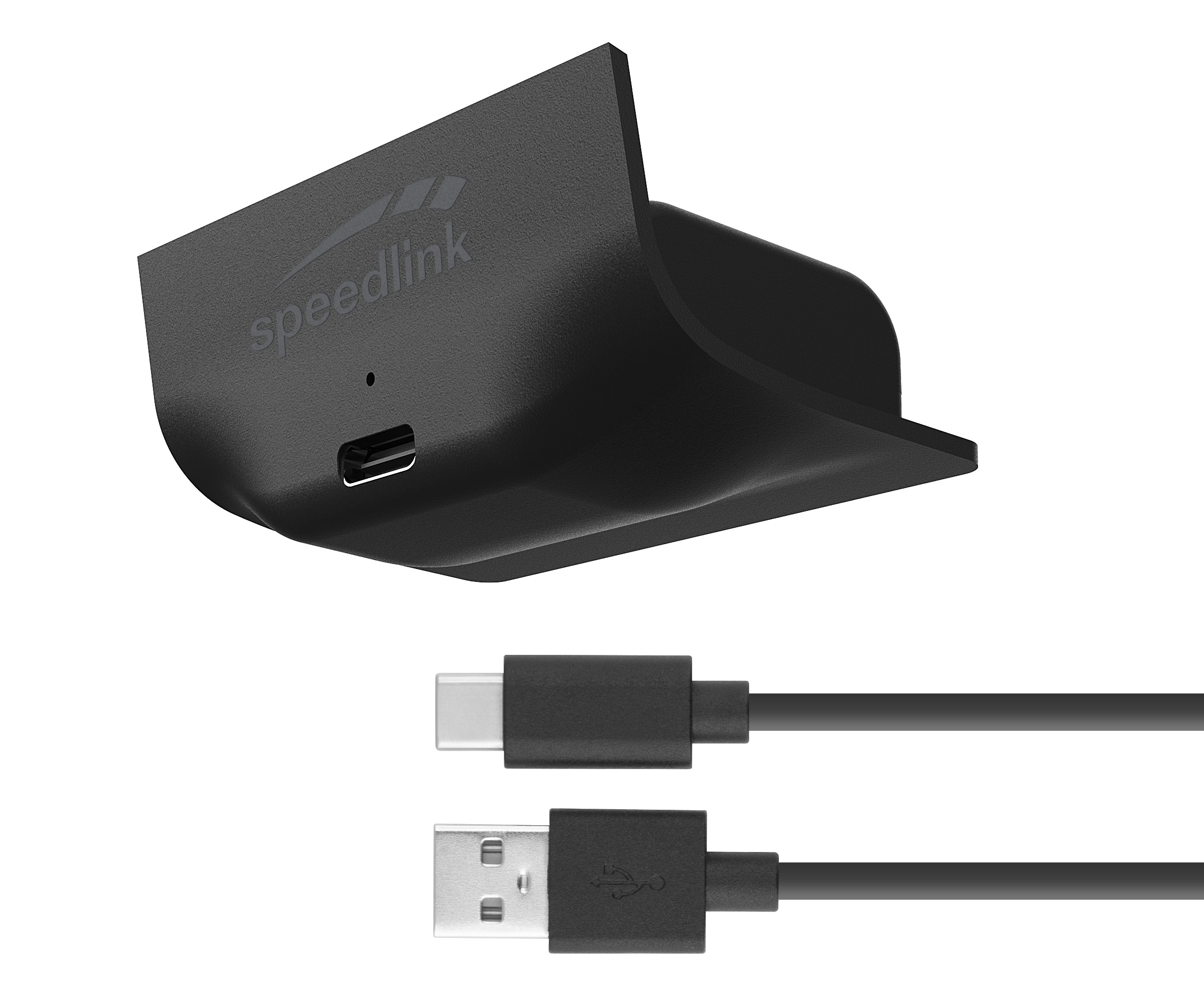 Schwarze Ladestation mit USB-C-Anschluss und USB-Kabel.