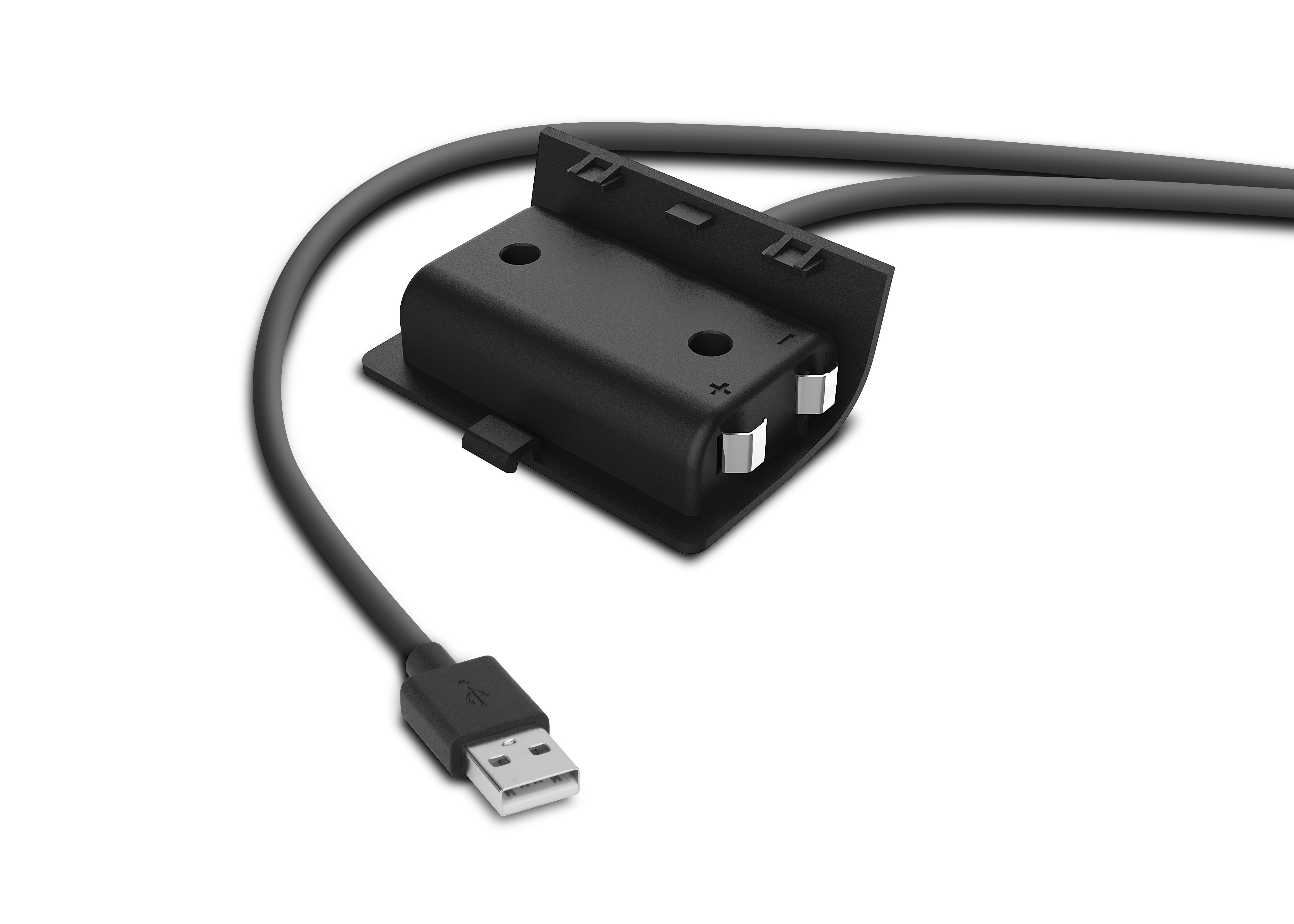 Schwarzes USB-Kabel mit Batteriehalter, weißer Hintergrund.