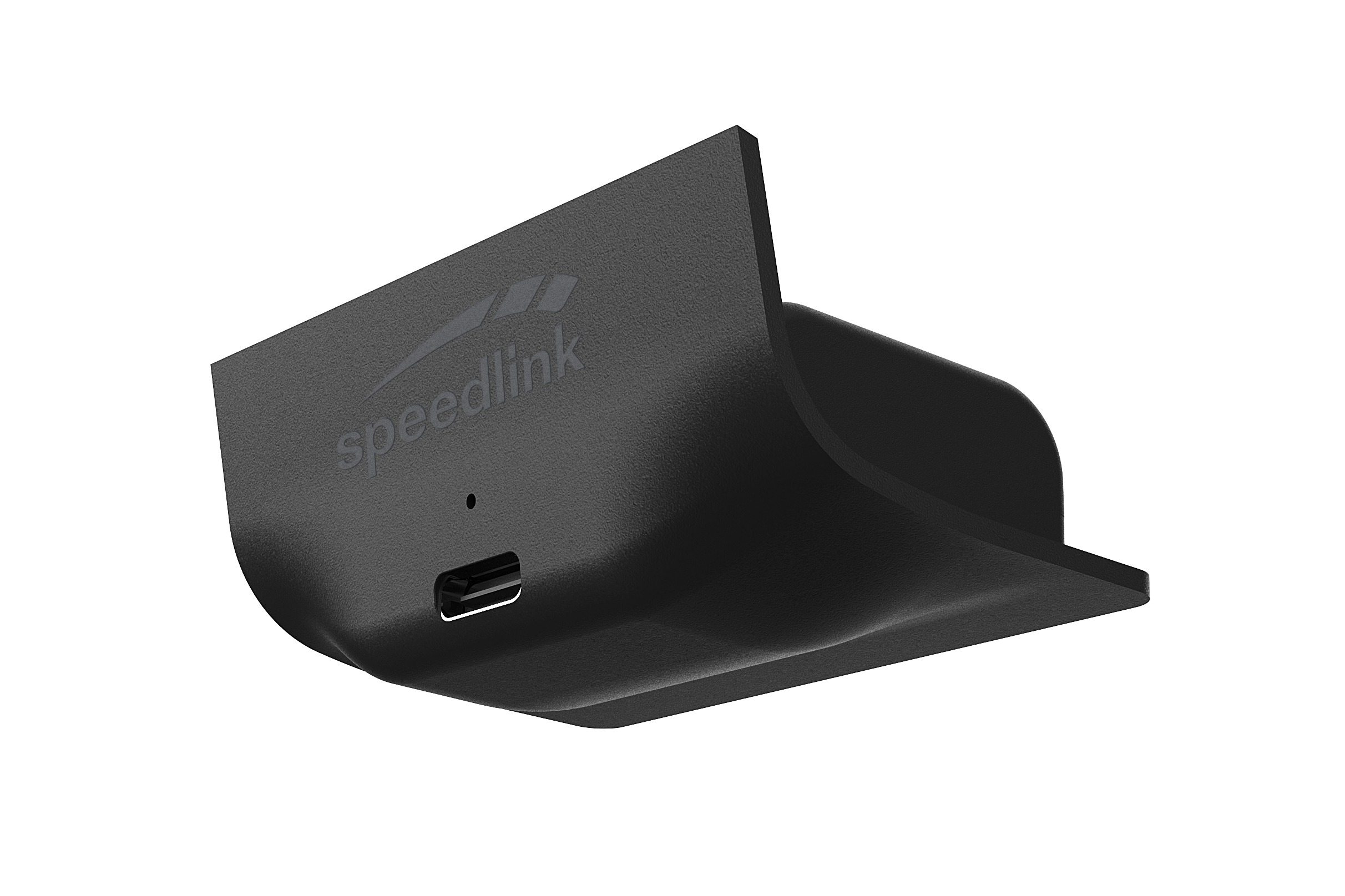 Schwarzes, abgewinkeltes Gerät mit USB-Anschluss. Speedlink-Logo oben. Weißer Hintergrund.