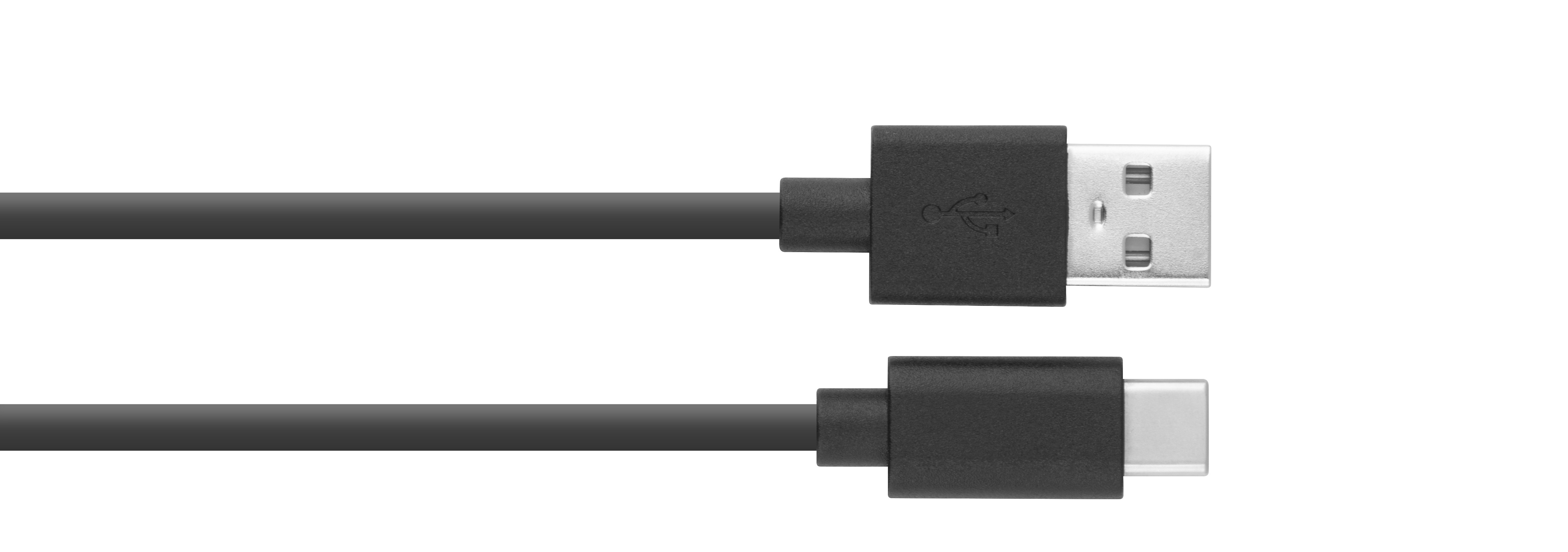 Zwei USB-Kabel: ein USB-A zu USB-C, beide schwarz, auf weißem Hintergrund.