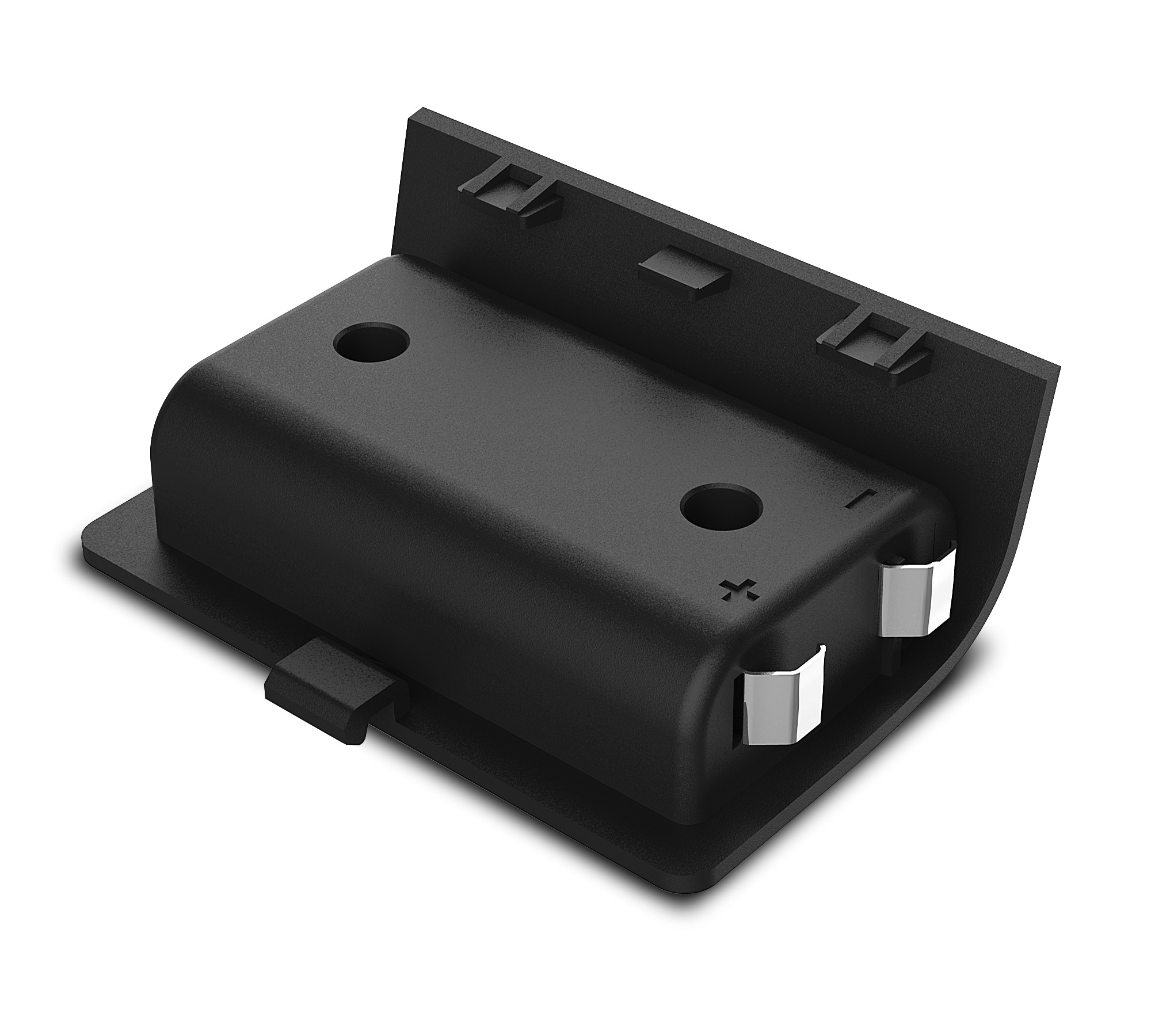 Schwarzer Batteriehalter mit zwei Metallkontakten. Er hat eine abnehmbare Abdeckung und liegt auf weißem Grund.
