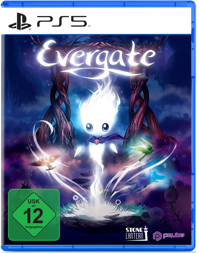 Evergate PS5-Spielcover mit leuchtendem Charakter und blauem Hintergrund.