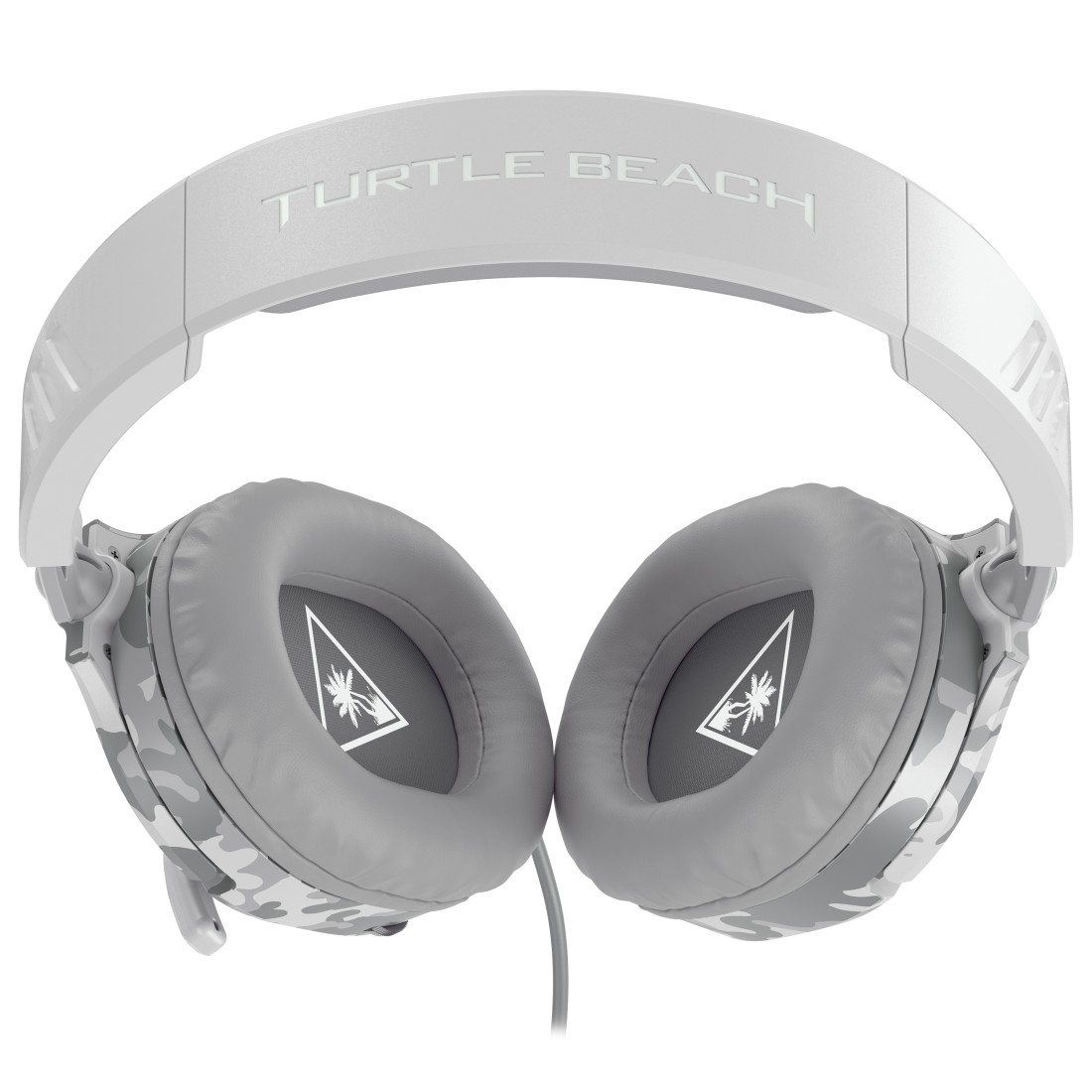 Weiße Kopfhörer mit grauem Tarnmuster und dem Turtle Beach Logo.