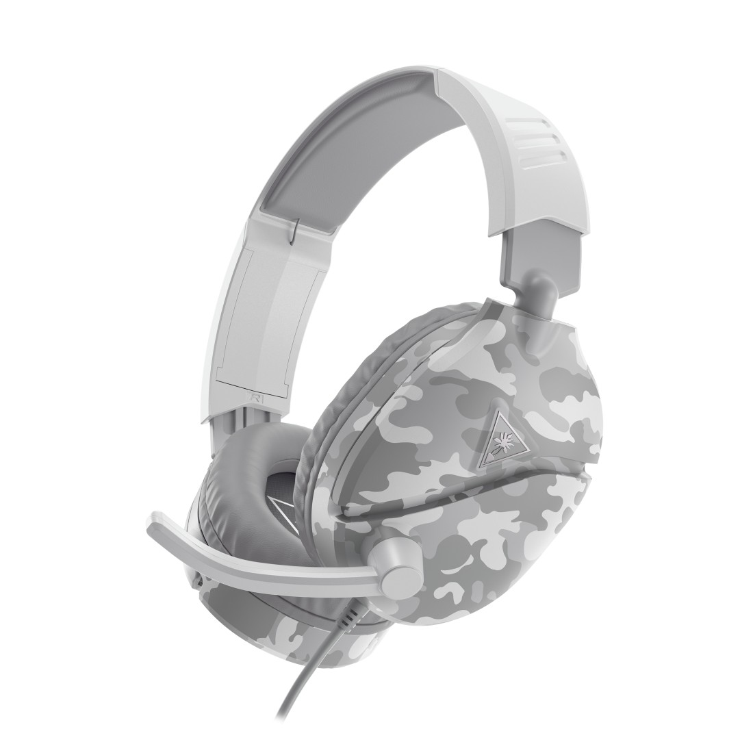 Ein weiß-graues Kopfhörer-Headset mit Camouflage-Muster und Mikrofon.