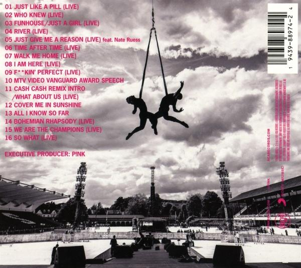 Egy P!nk album hátlapja két felfüggesztett emberrel.