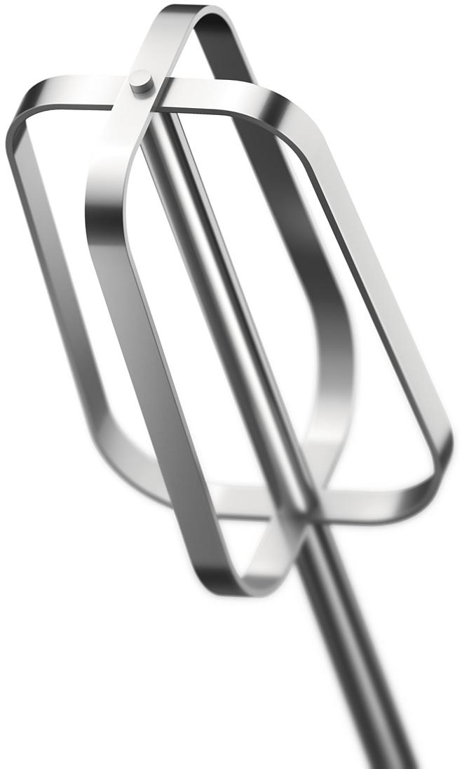 Primo piano di una frusta argentata per mixer da cucina con forma rettangolare.