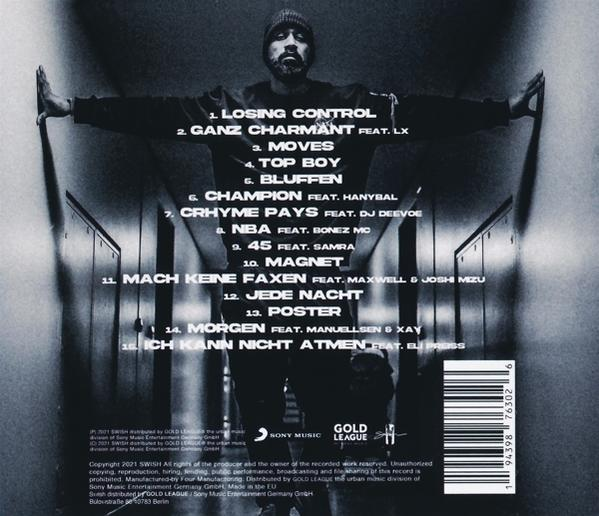 CD-Rückseite mit Songtiteln, Künstlernamen und Urheberrechtsinformationen. Dunkler, stimmungsvoller Hintergrund.