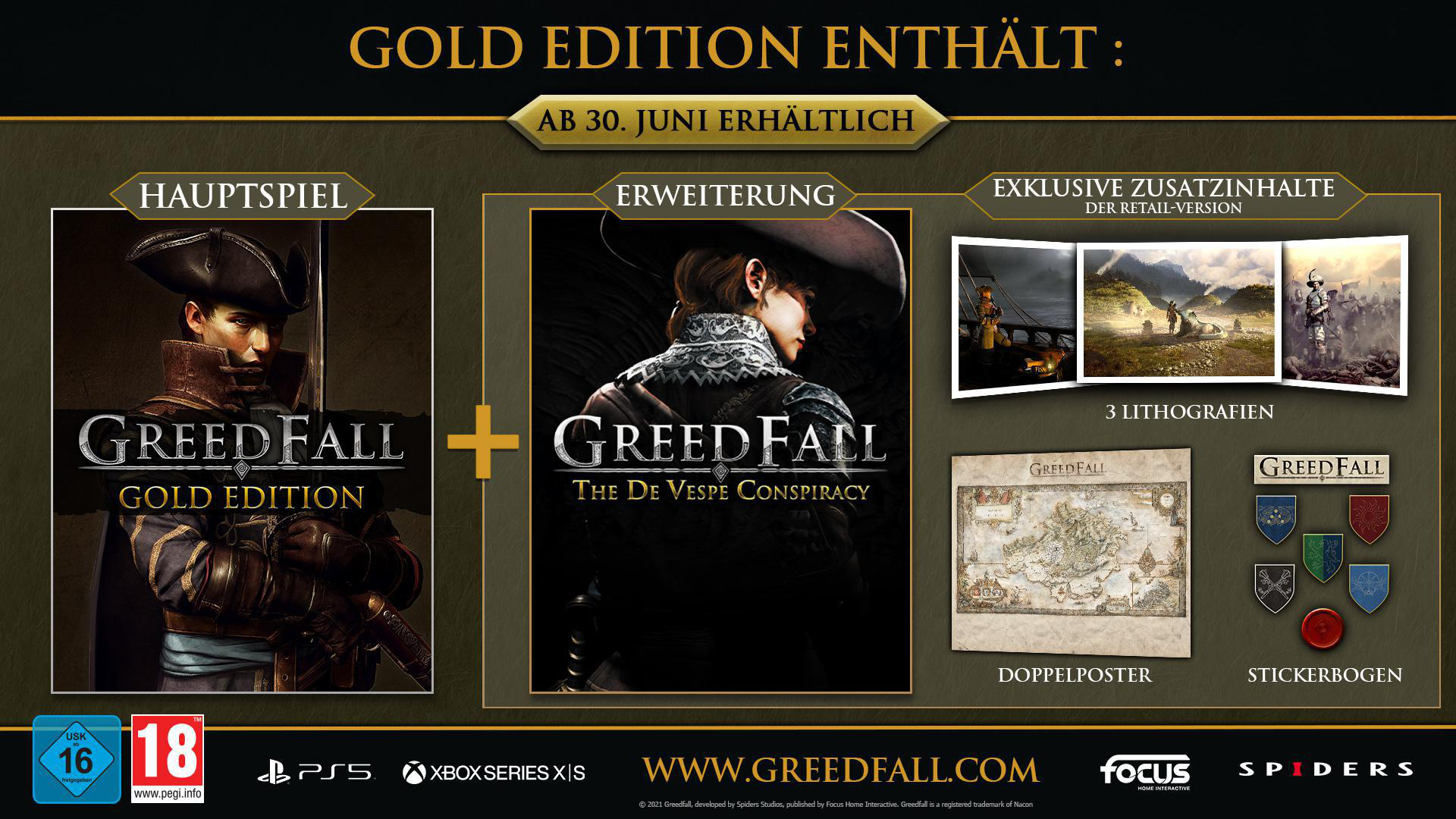 GreedFall Gold Edition Spielbox-Artwork mit einem Charakter mit Hut und Werbetext.