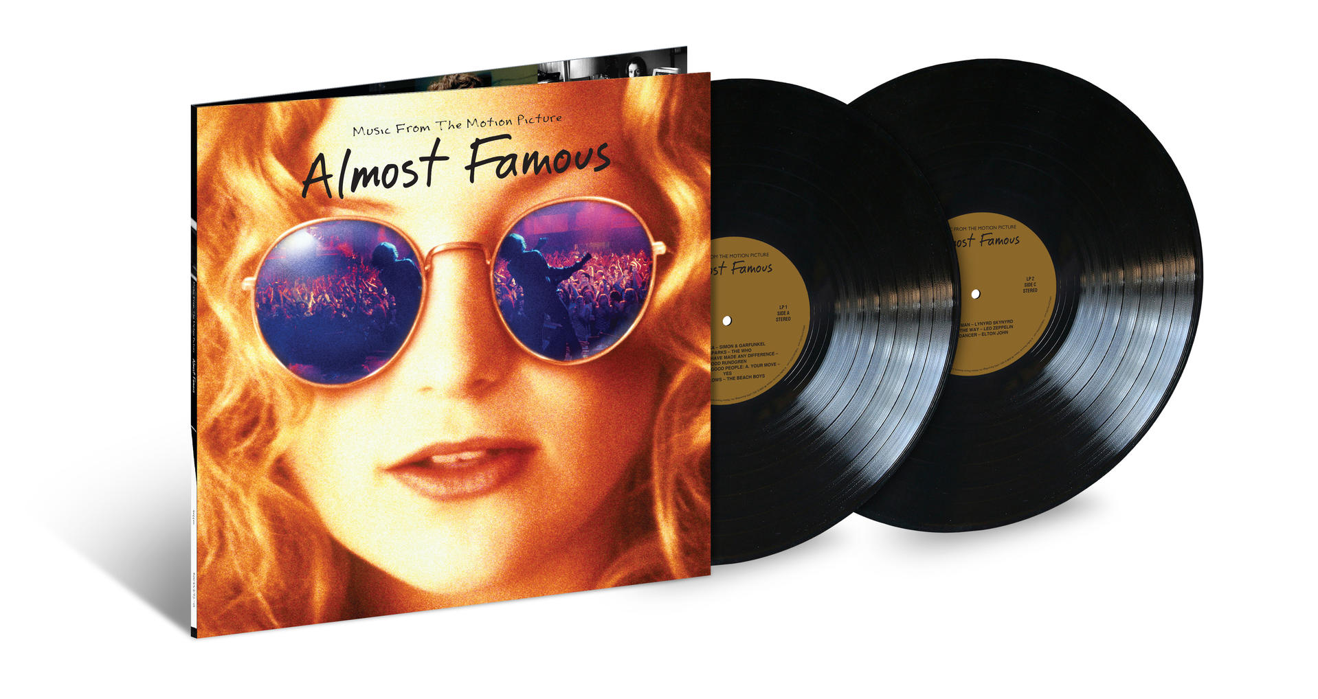 Albumcover mit Sonnenbrille, die eine Menschenmenge reflektiert, und zwei schwarzen Schallplatten.
