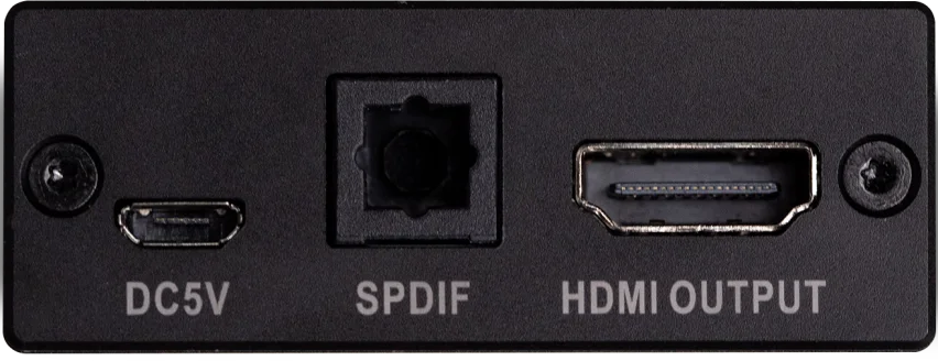 Panneau noir avec ports DC5V, SPDIF et HDMI OUTPUT. Comprend des vis de chaque côté. Ports pour l'alimentation, l'audio et la sortie vidéo.