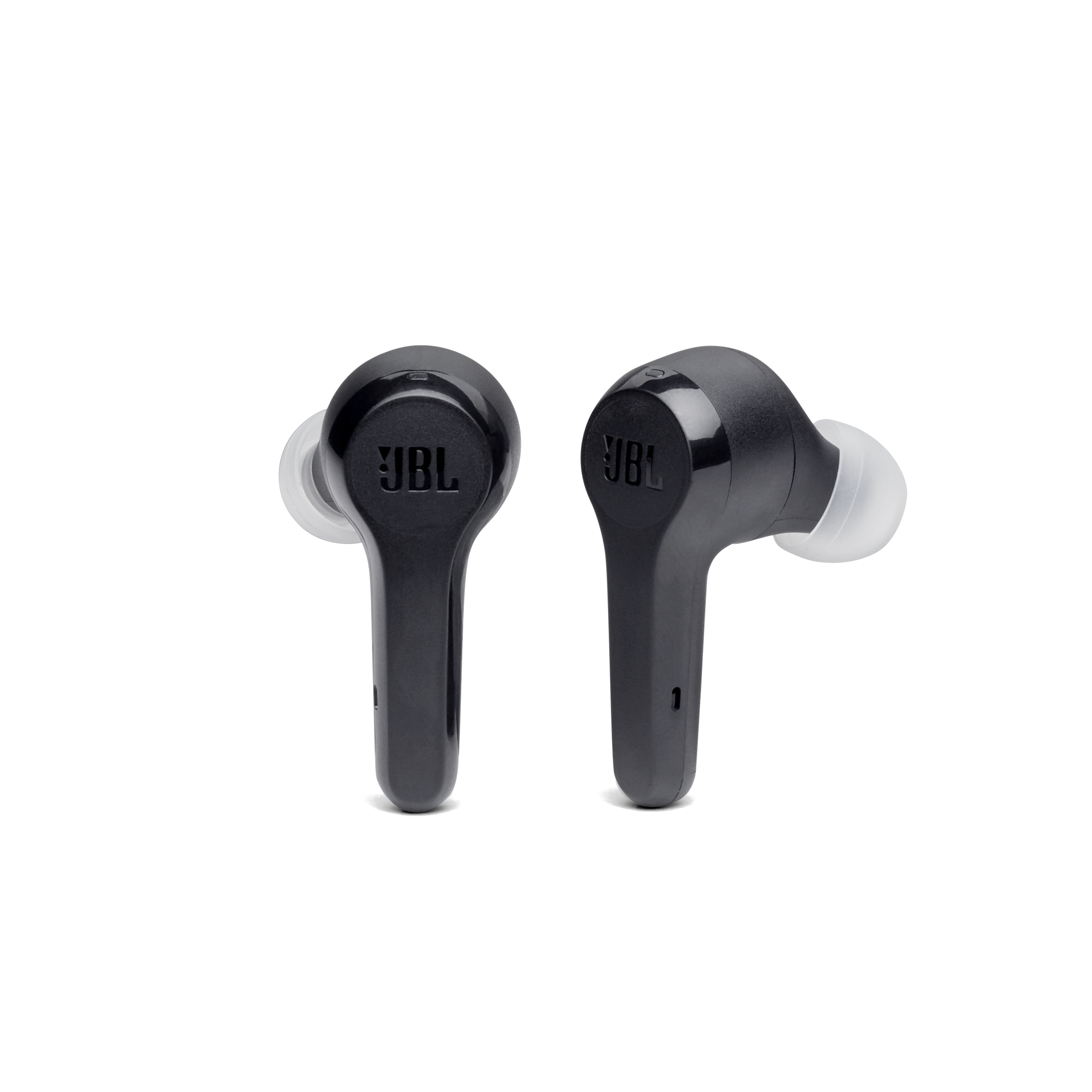 Siyah bir arka plan üzerinde iki siyah JBL kablosuz kulaklık. JBL logosu görünür.