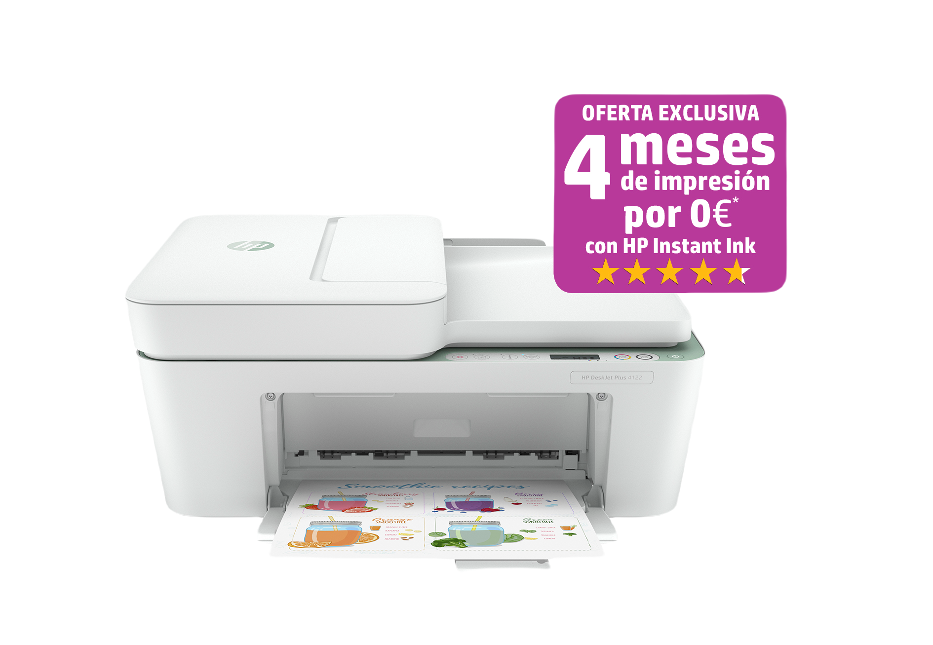Una impresora HP blanca con una pancarta rosa promocional. Imprimiendo una página colorida con alimentos.