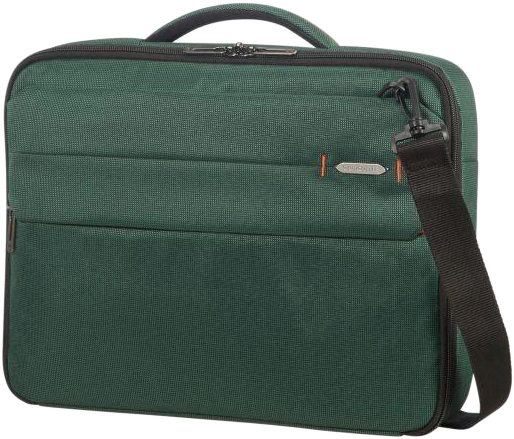 Egy zöld Samsonite aktatáska fogantyúval, vállpánttal és cipzárral. A háttér fehér.