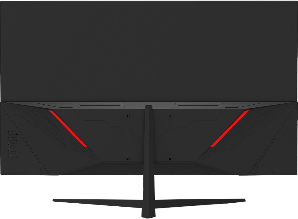 Fekete gamer monitor piros díszítéssel. A hátulján állvány és szellőzőnyílások találhatók.