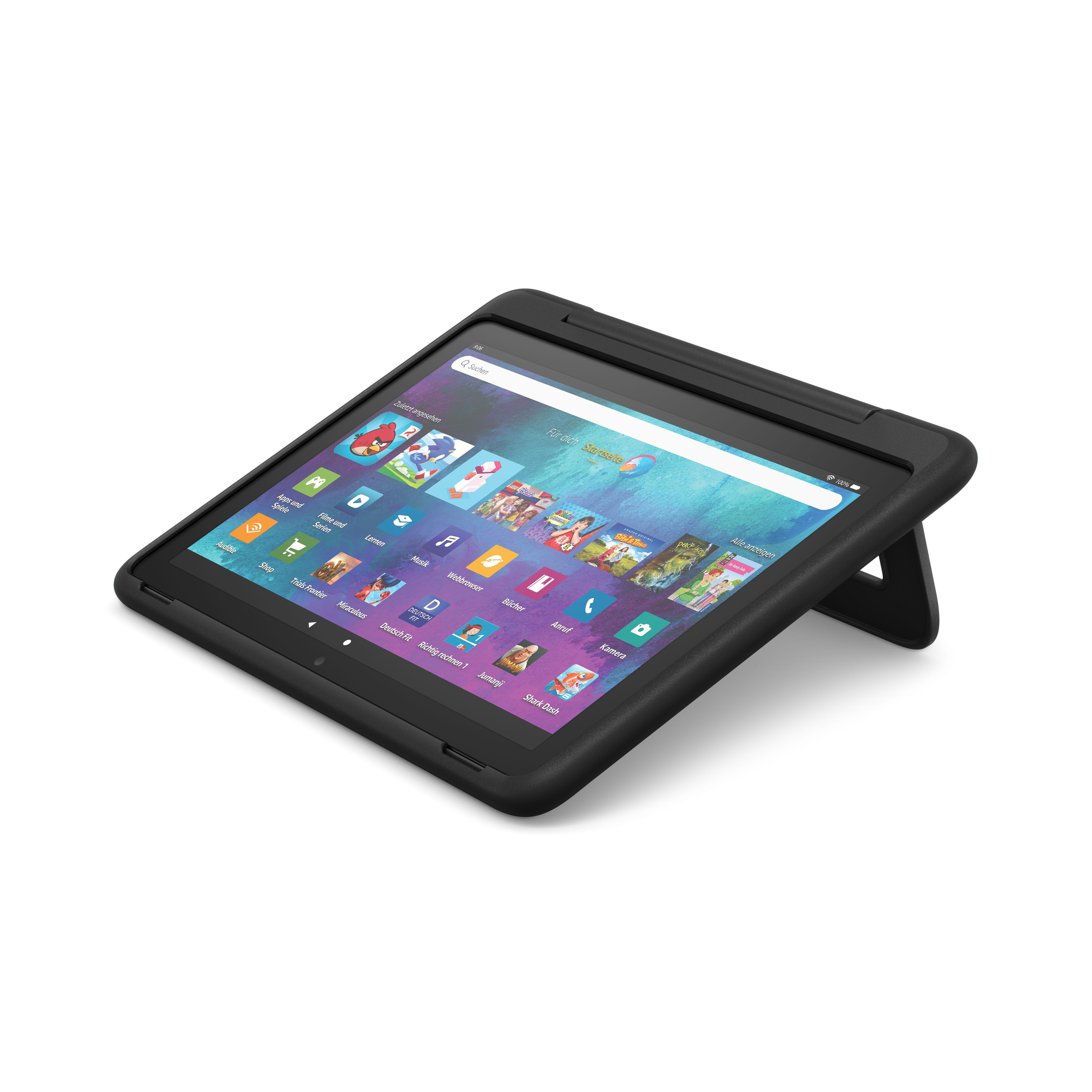 Ein schwarzes Tablet mit Ständer zeigt Apps an. Auf dem Bildschirm sind Spiele und andere Anwendungen zu sehen.