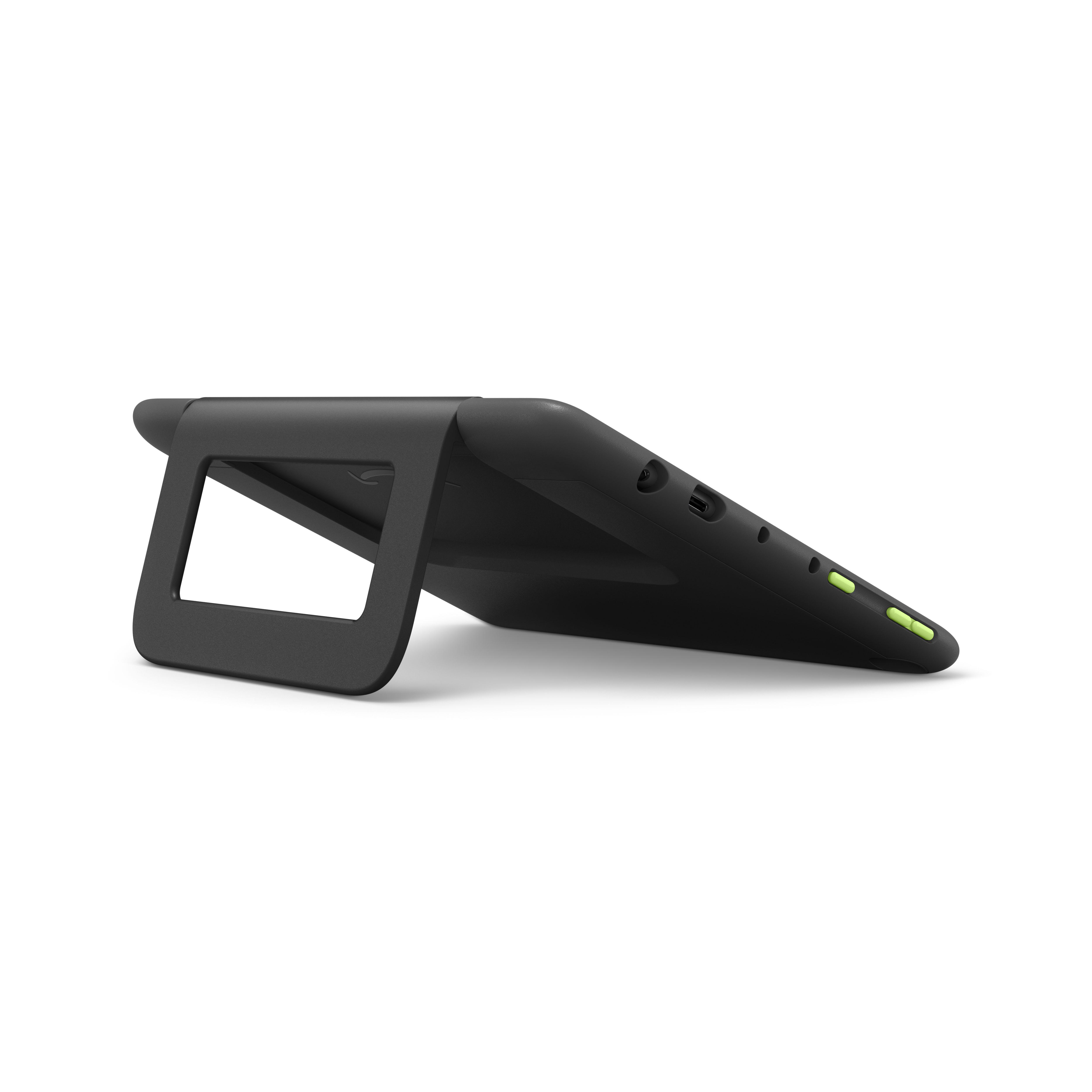 Ein schwarzes Tablet in einem schwarzen Ständer steht auf einer weißen Oberfläche. Das Tablet hat grüne Tasten.