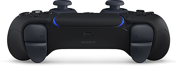 Een zwarte PlayStation 5 DualSense-controller. Met knoppen, twee joysticks en het Sony-logo. Blauwe accenten.