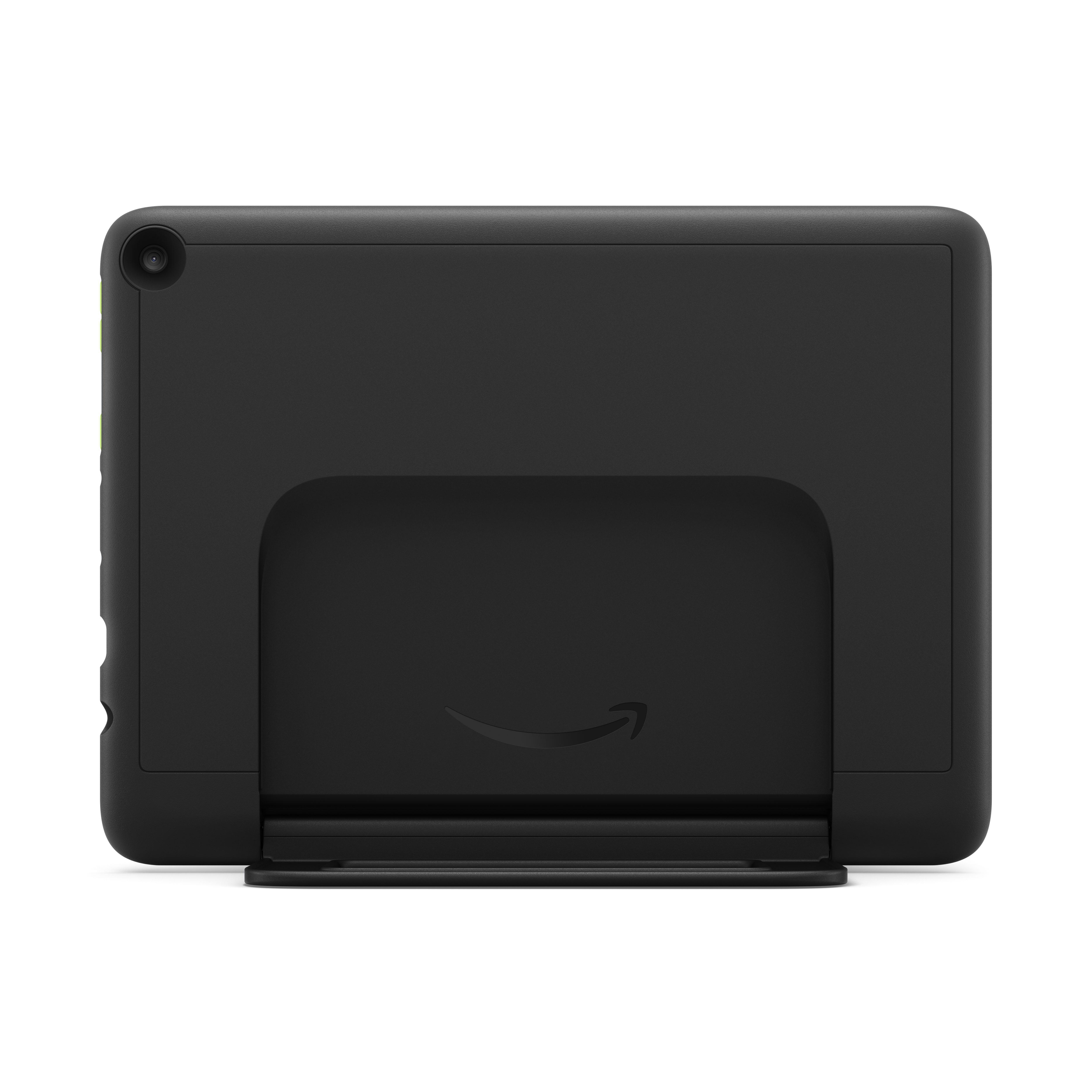 Schwarze Tablet-Rückseite mit Kamera, Amazon-Logo und Ständer. Die Kanten haben grüne Details.