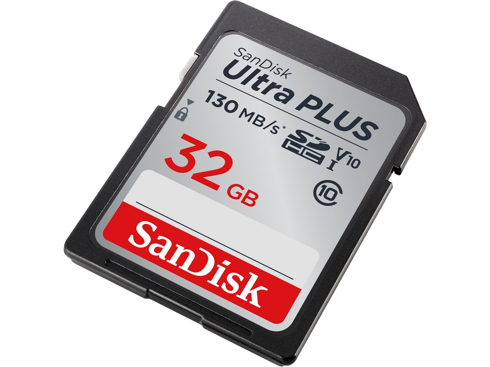 Tarjeta SD Sandisk Ultra PLUS, 32GB, con etiqueta visible y detalles de la tarjeta.