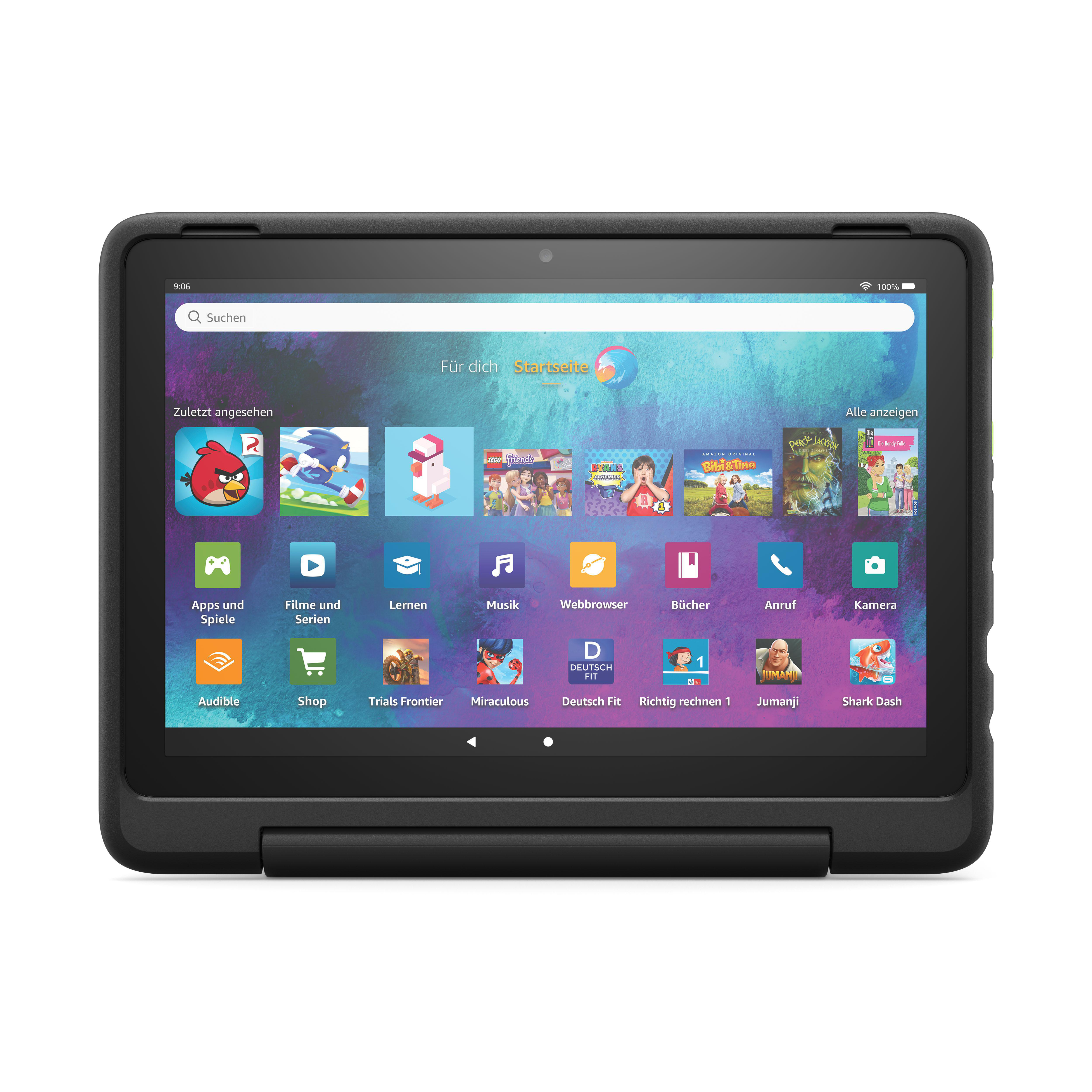 Ein Tablet mit schwarzem Rahmen, das Apps und Spiele zeigt. Der Bildschirm zeigt Spiele, Apps und eine Suchleiste.