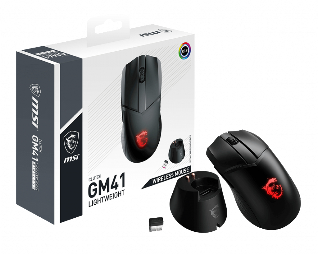 MSI Clutch GM41 Lightweight wireless Gaming Maus (kabellos, PAW-3370 Sensor, 400 - 6400 DPI, 6 Tasten, schwarz, RGB Logo)