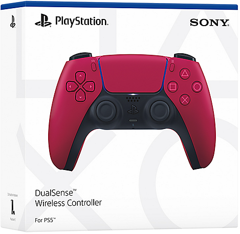 A red DualSense wireless controller for PS5 sits in its white box. PlayStation logo is on the top left, Sony on the top right.