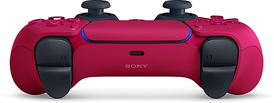 A magenta PlayStation 5 controller. It has black thumbsticks, buttons, and triggers. The Sony logo is visible.
