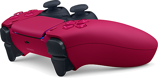 A magenta PlayStation 5 controller. Features include two black thumbsticks, pink buttons, black triggers, and the Sony logo.