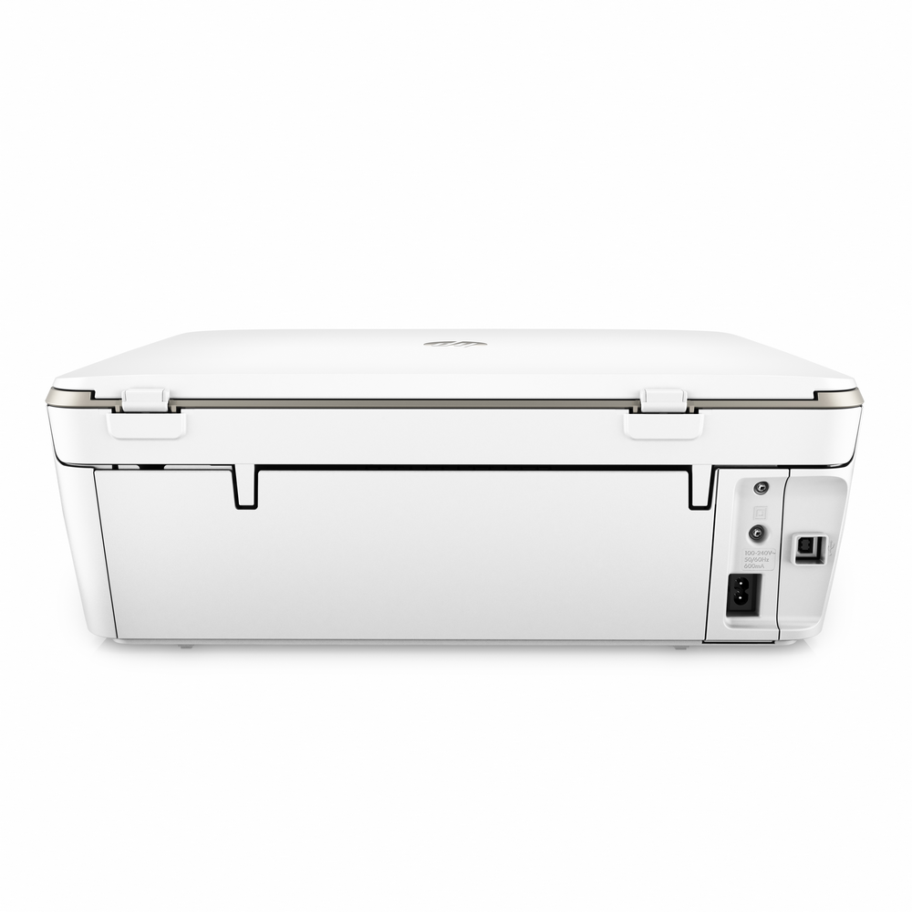 Una impresora blanca con escáner de superficie plana. La parte trasera muestra puertos de alimentación y USB.