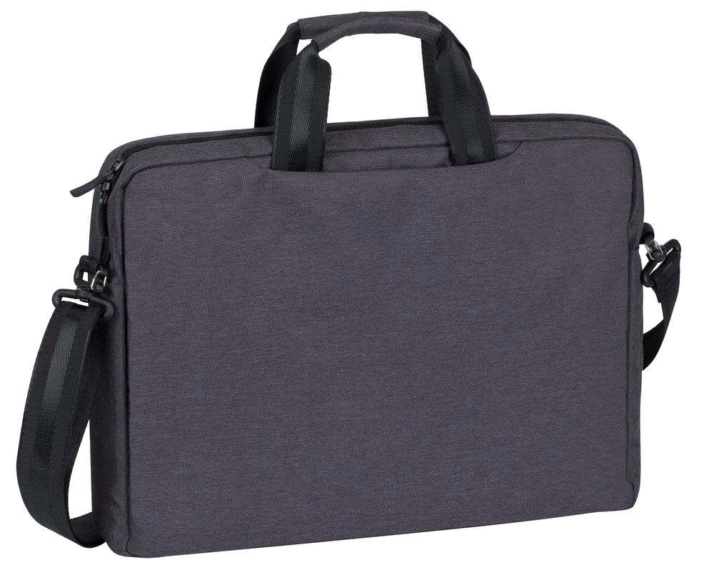 Egy szürke laptop táska vállpánttal, fekete háttér előtt.