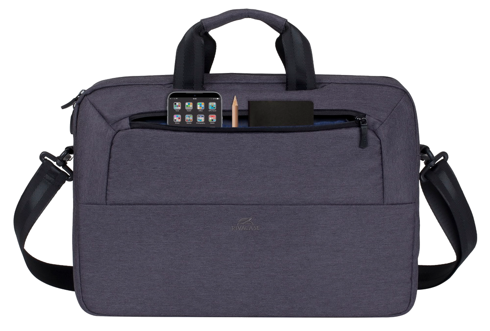 Sötétkék laptop táska telefonnal, ceruzával és jegyzetfüzettel a zsebben.