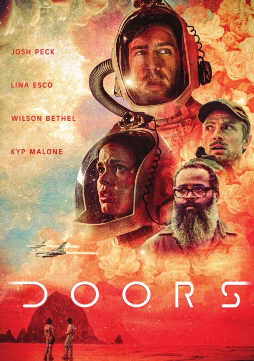 Affiche de film avec des astronautes et un vaisseau spatial. Titre : « DOORS ». Le fond est une planète rouge.
