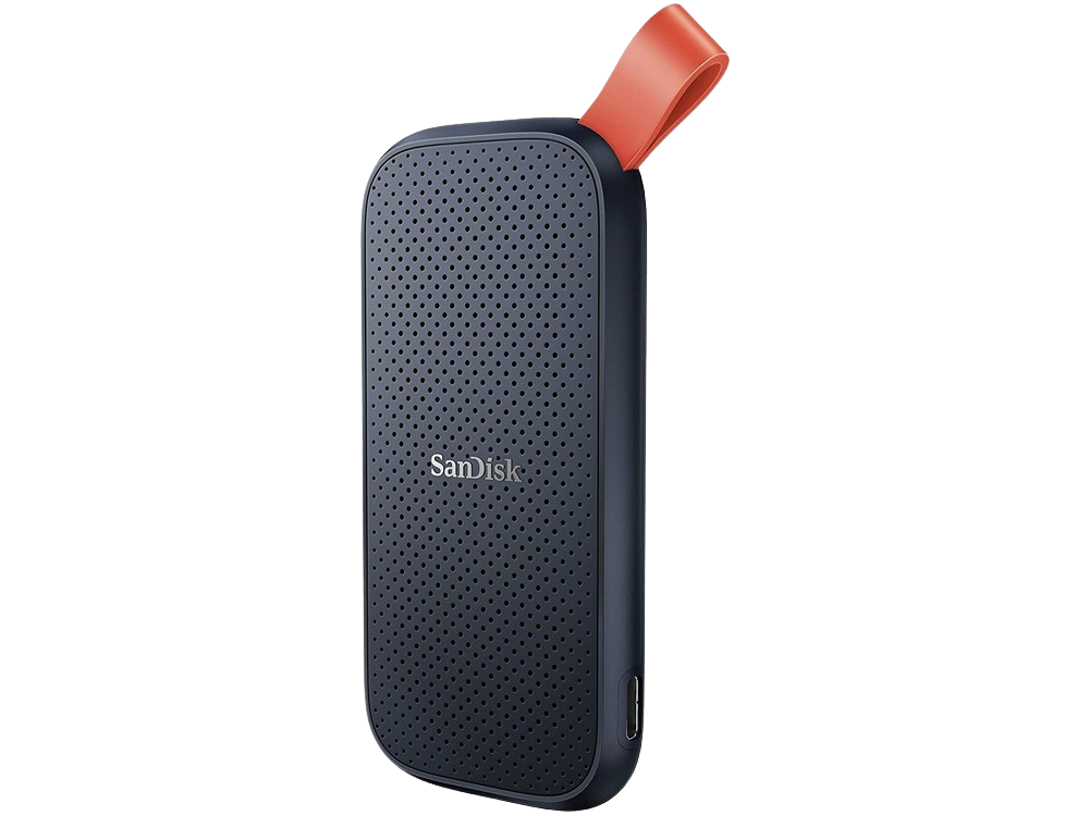 Disco duro externo azul perforado con lazo naranja, marca Sandisk.