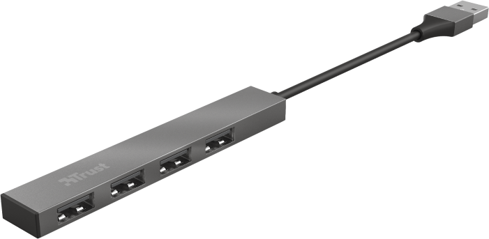 Szürke USB hub négy USB porttal és egy USB csatlakozós kábellel. A Trust logója látható.
