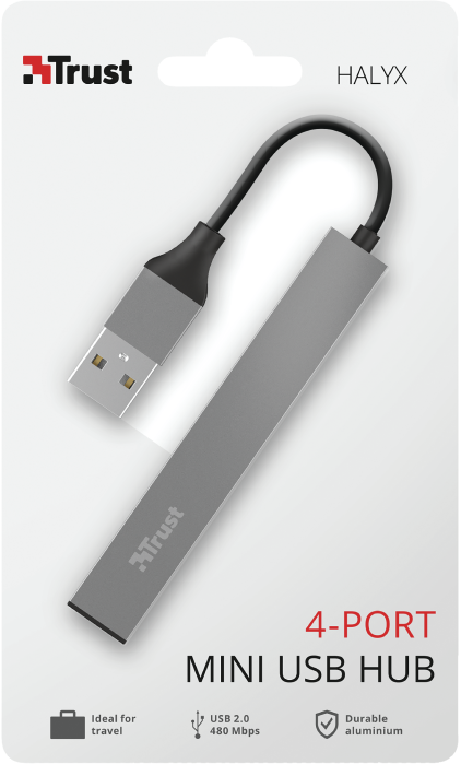 Szürke 4 portos USB hub csomagolásban. Szöveg: '4-PORT MINI USB HUB', 'Trust', 'HALYX'.