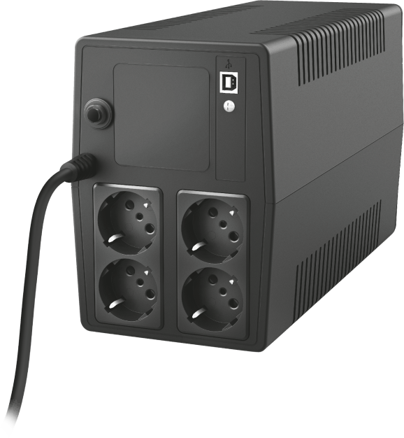 Fekete UPS négy elektromos aljzattal, egy bekapcsológombbal és USB porttal.
