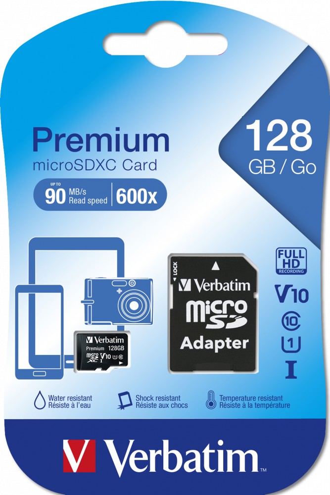Egy 128GB Verbatim microSD kártya csomagolásban, más elemekkel együtt.