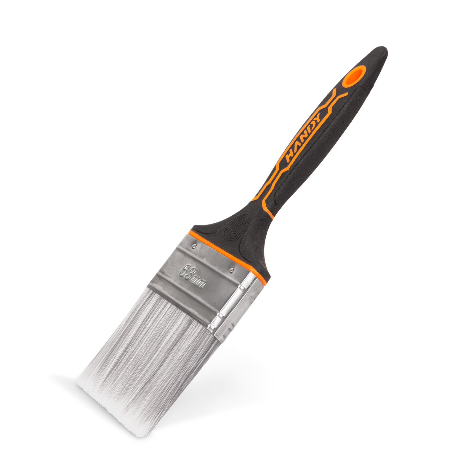 Festőecset fekete nyéllel, narancssárga díszítéssel, fehér sörtékkel.