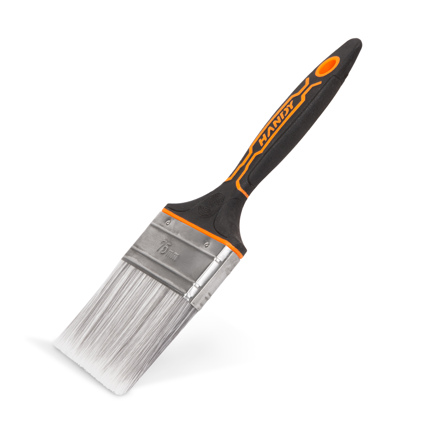 Handy ecset, fekete nyél narancssárga betétekkel, fehér sörtékkel.