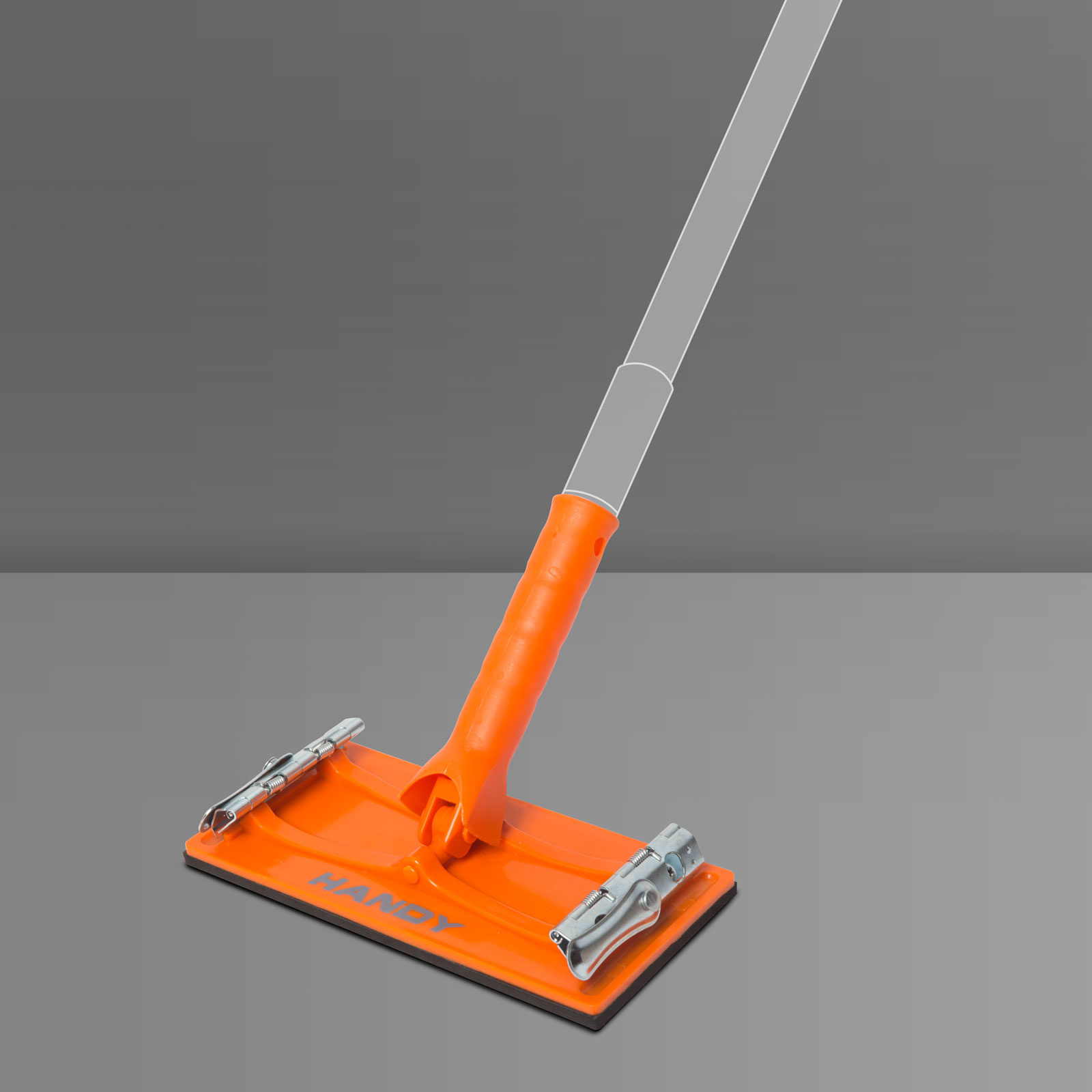 Egy narancssárga Handy márkájú gipszkarton csiszoló szürke háttérrel.