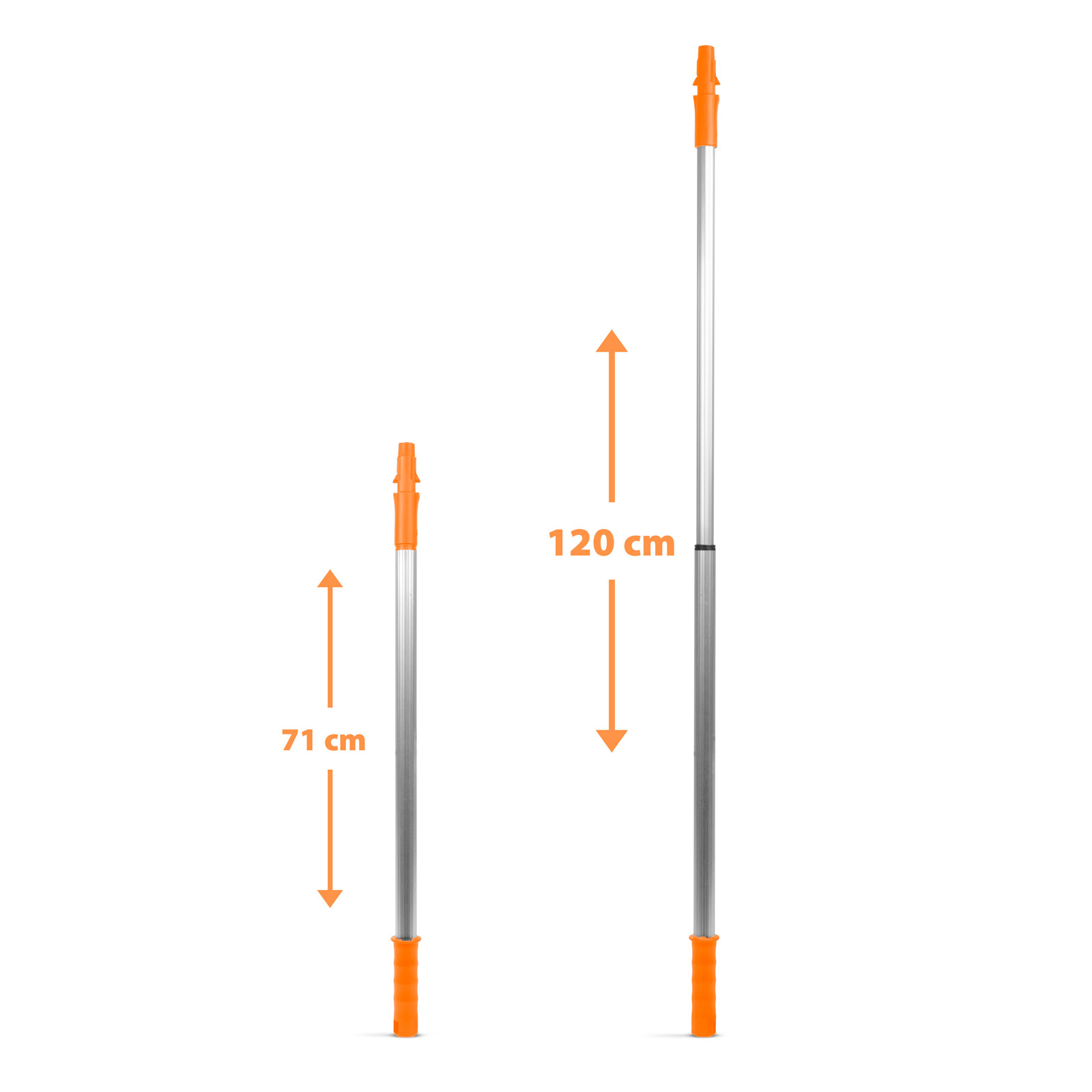Két teleszkópos rúd, az egyik 120 cm-re, a másik 71 cm-re van kihúzva, narancssárga végekkel.