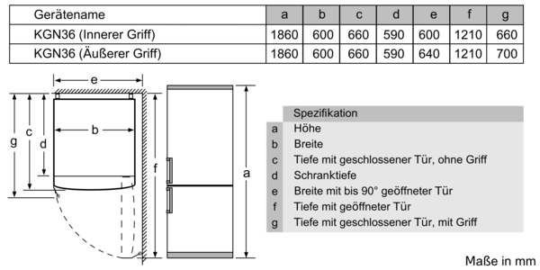 Diagramm eines Kühlschranks mit Abmessungen und Spezifikationen. Es ist auf weißem Hintergrund.