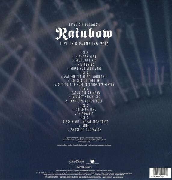Rückseite des Ritchie Blackmore's Rainbow Albums. Titelliste und Bandname sind sichtbar.