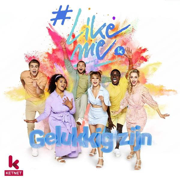 Groupe de six personnes. Le mot 'Gelukkigzijn' est devant eux. Beaucoup de couleurs en arrière-plan.