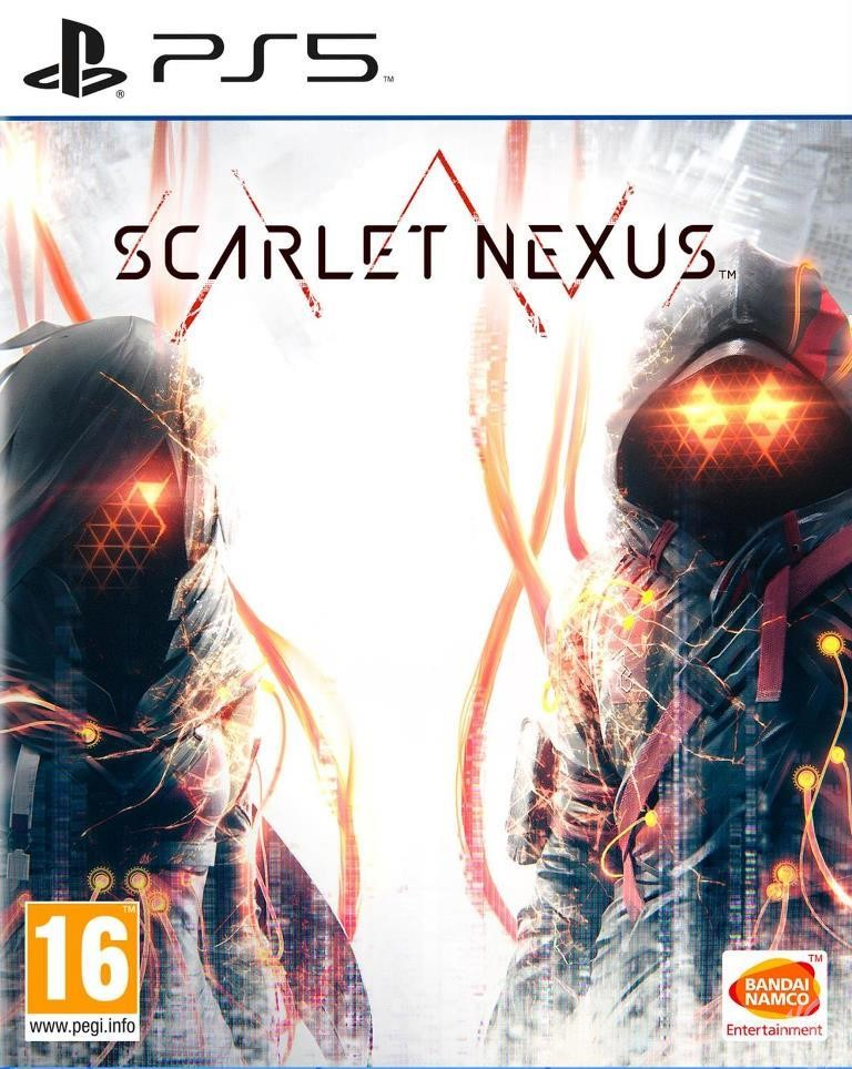 Scarlet Nexus PS5 game cover, personages voor wit licht.