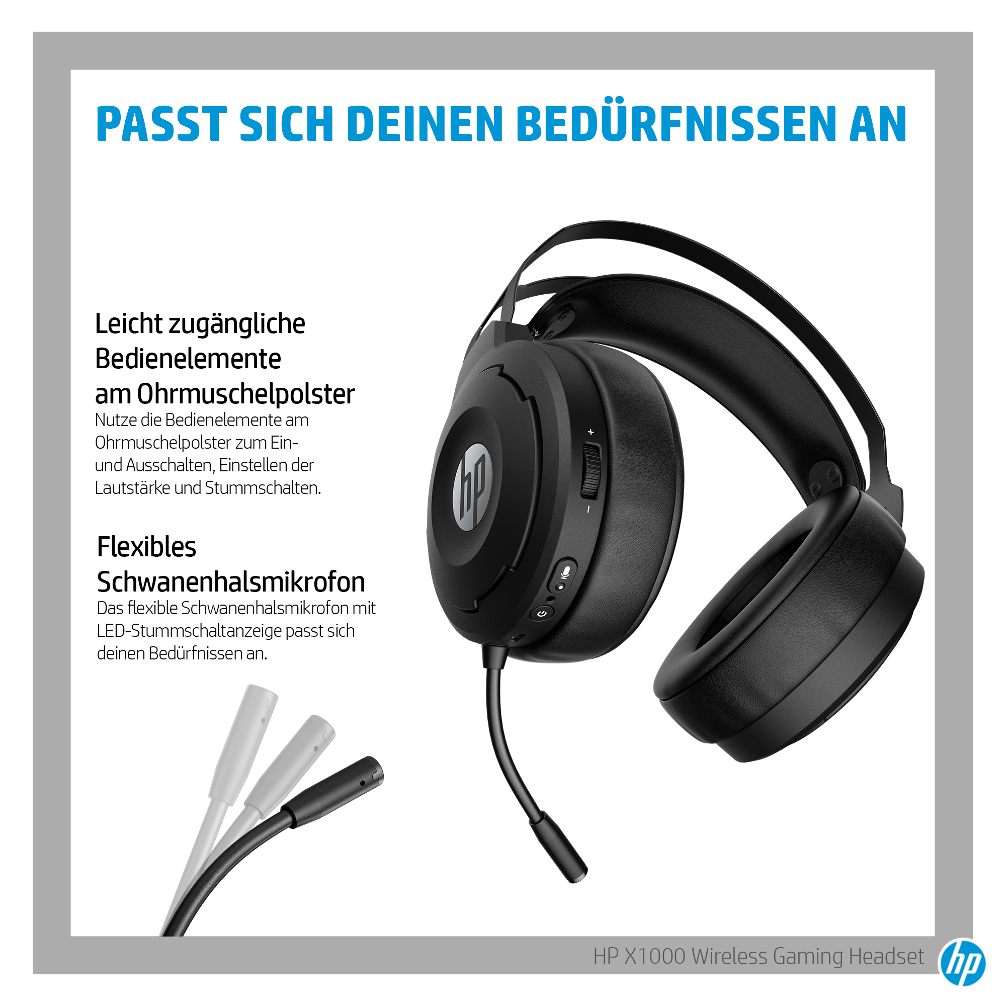 Schwarzes HP Gaming-Headset mit flexiblem Mikrofon, Text und HP-Logo auf weißem Hintergrund.